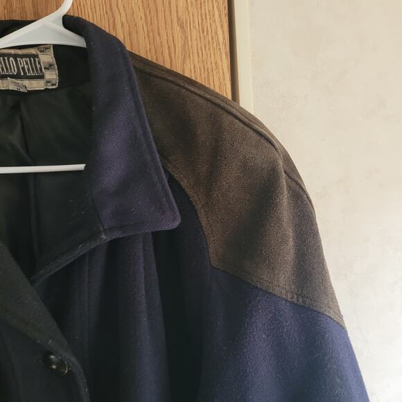 Vntg Othello Pelle Korea Wool Leather Trim Coat M Navy Black Old Money Heritage - Picture 3 of 11